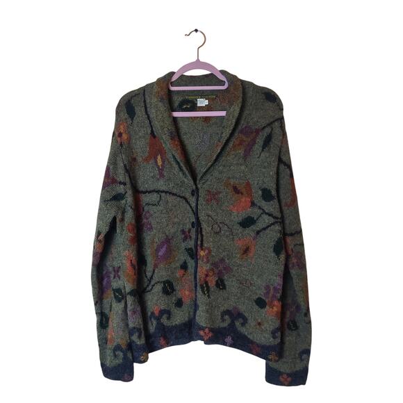 Peruvian Connection 100% Alpaca Green Floral Knit Cozy Cardigan Sweater Large - Picture 1 of 10